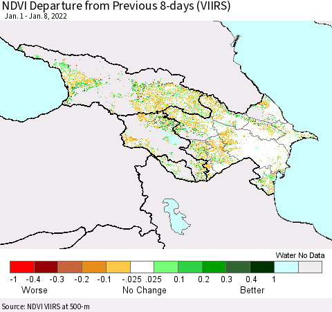 Azerbaijan, Armenia and Georgia NDVI Departure from Previous 8-days (VIIRS) Thematic Map For 1/1/2022 - 1/8/2022