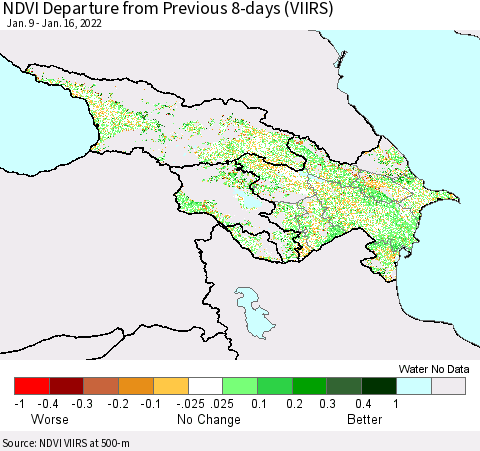 Azerbaijan, Armenia and Georgia NDVI Departure from Previous 8-days (VIIRS) Thematic Map For 1/9/2022 - 1/16/2022
