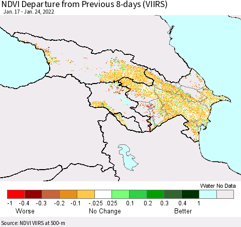 Azerbaijan, Armenia and Georgia NDVI Departure from Previous 8-days (VIIRS) Thematic Map For 1/17/2022 - 1/24/2022