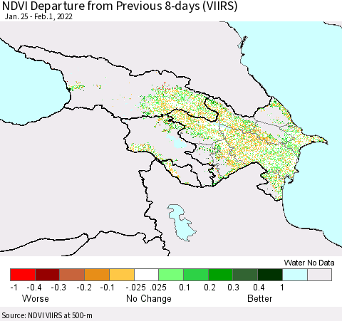 Azerbaijan, Armenia and Georgia NDVI Departure from Previous 8-days (VIIRS) Thematic Map For 1/25/2022 - 2/1/2022