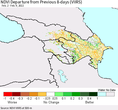 Azerbaijan, Armenia and Georgia NDVI Departure from Previous 8-days (VIIRS) Thematic Map For 2/2/2022 - 2/9/2022