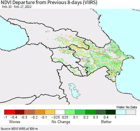 Azerbaijan, Armenia and Georgia NDVI Departure from Previous 8-days (VIIRS) Thematic Map For 2/10/2022 - 2/17/2022