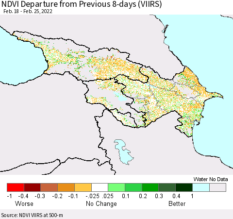 Azerbaijan, Armenia and Georgia NDVI Departure from Previous 8-days (VIIRS) Thematic Map For 2/18/2022 - 2/25/2022