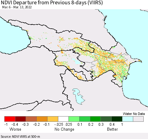 Azerbaijan, Armenia and Georgia NDVI Departure from Previous 8-days (VIIRS) Thematic Map For 3/6/2022 - 3/13/2022
