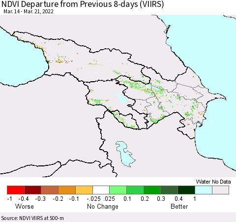 Azerbaijan, Armenia and Georgia NDVI Departure from Previous 8-days (VIIRS) Thematic Map For 3/14/2022 - 3/21/2022