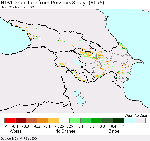 Azerbaijan, Armenia and Georgia NDVI Departure from Previous 8-days (VIIRS) Thematic Map For 3/22/2022 - 3/29/2022