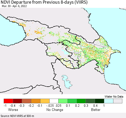 Azerbaijan, Armenia and Georgia NDVI Departure from Previous 8-days (VIIRS) Thematic Map For 3/30/2022 - 4/6/2022