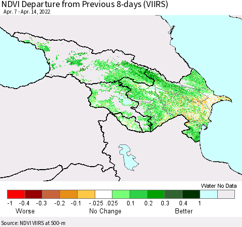 Azerbaijan, Armenia and Georgia NDVI Departure from Previous 8-days (VIIRS) Thematic Map For 4/7/2022 - 4/14/2022