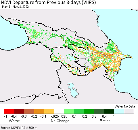 Azerbaijan, Armenia and Georgia NDVI Departure from Previous 8-days (VIIRS) Thematic Map For 5/1/2022 - 5/8/2022