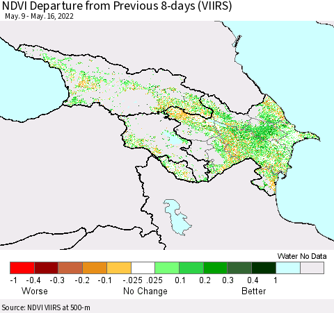 Azerbaijan, Armenia and Georgia NDVI Departure from Previous 8-days (VIIRS) Thematic Map For 5/9/2022 - 5/16/2022