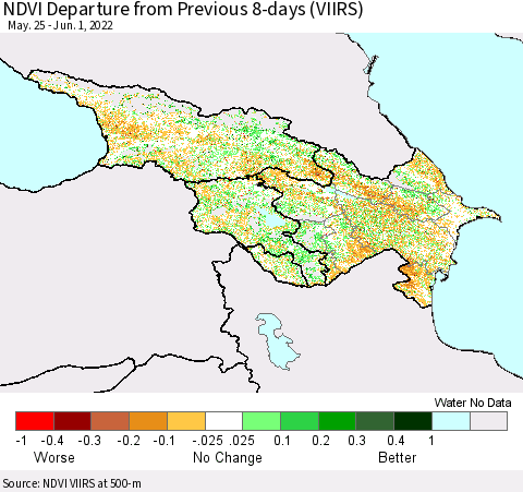 Azerbaijan, Armenia and Georgia NDVI Departure from Previous 8-days (VIIRS) Thematic Map For 5/25/2022 - 6/1/2022