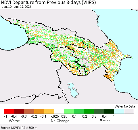 Azerbaijan, Armenia and Georgia NDVI Departure from Previous 8-days (VIIRS) Thematic Map For 6/10/2022 - 6/17/2022