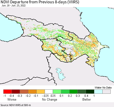 Azerbaijan, Armenia and Georgia NDVI Departure from Previous 8-days (VIIRS) Thematic Map For 6/18/2022 - 6/25/2022