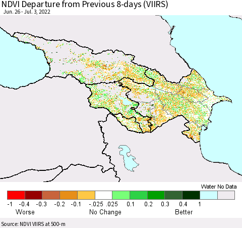 Azerbaijan, Armenia and Georgia NDVI Departure from Previous 8-days (VIIRS) Thematic Map For 6/26/2022 - 7/3/2022