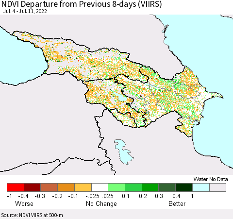 Azerbaijan, Armenia and Georgia NDVI Departure from Previous 8-days (VIIRS) Thematic Map For 7/4/2022 - 7/11/2022