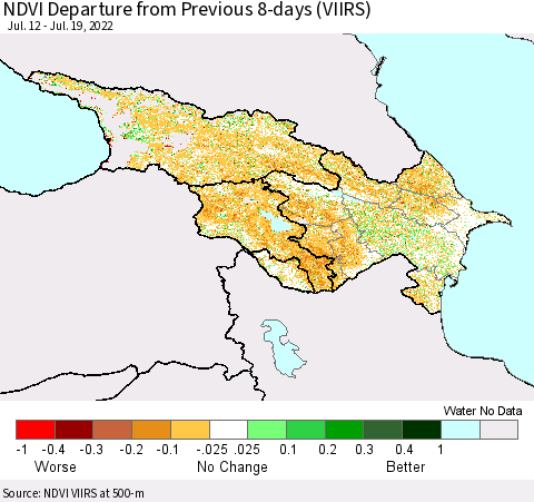 Azerbaijan, Armenia and Georgia NDVI Departure from Previous 8-days (VIIRS) Thematic Map For 7/12/2022 - 7/19/2022