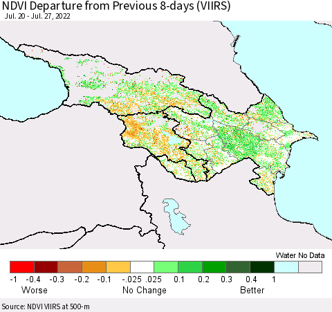 Azerbaijan, Armenia and Georgia NDVI Departure from Previous 8-days (VIIRS) Thematic Map For 7/20/2022 - 7/27/2022