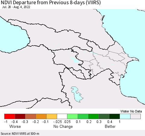 Azerbaijan, Armenia and Georgia NDVI Departure from Previous 8-days (VIIRS) Thematic Map For 7/28/2022 - 8/4/2022