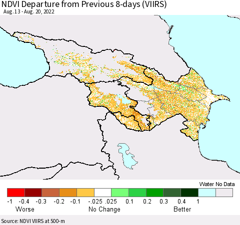 Azerbaijan, Armenia and Georgia NDVI Departure from Previous 8-days (VIIRS) Thematic Map For 8/13/2022 - 8/20/2022
