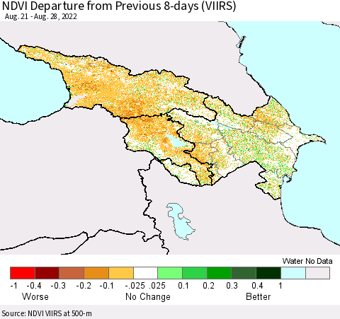 Azerbaijan, Armenia and Georgia NDVI Departure from Previous 8-days (VIIRS) Thematic Map For 8/21/2022 - 8/28/2022