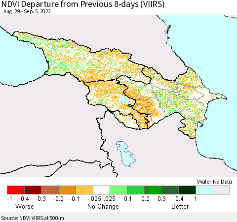 Azerbaijan, Armenia and Georgia NDVI Departure from Previous 8-days (VIIRS) Thematic Map For 8/29/2022 - 9/5/2022