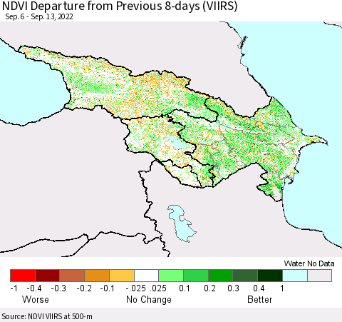 Azerbaijan, Armenia and Georgia NDVI Departure from Previous 8-days (VIIRS) Thematic Map For 9/6/2022 - 9/13/2022