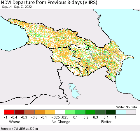 Azerbaijan, Armenia and Georgia NDVI Departure from Previous 8-days (VIIRS) Thematic Map For 9/14/2022 - 9/21/2022