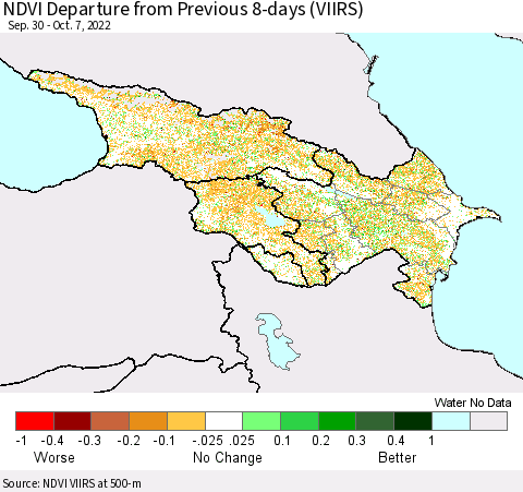 Azerbaijan, Armenia and Georgia NDVI Departure from Previous 8-days (VIIRS) Thematic Map For 9/30/2022 - 10/7/2022