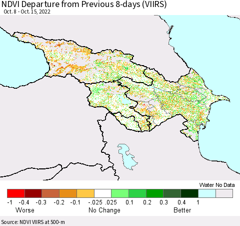 Azerbaijan, Armenia and Georgia NDVI Departure from Previous 8-days (VIIRS) Thematic Map For 10/8/2022 - 10/15/2022