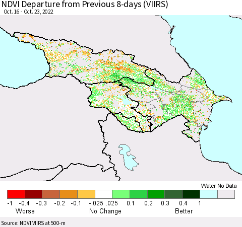 Azerbaijan, Armenia and Georgia NDVI Departure from Previous 8-days (VIIRS) Thematic Map For 10/16/2022 - 10/23/2022