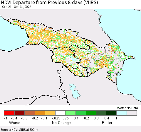 Azerbaijan, Armenia and Georgia NDVI Departure from Previous 8-days (VIIRS) Thematic Map For 10/24/2022 - 10/31/2022