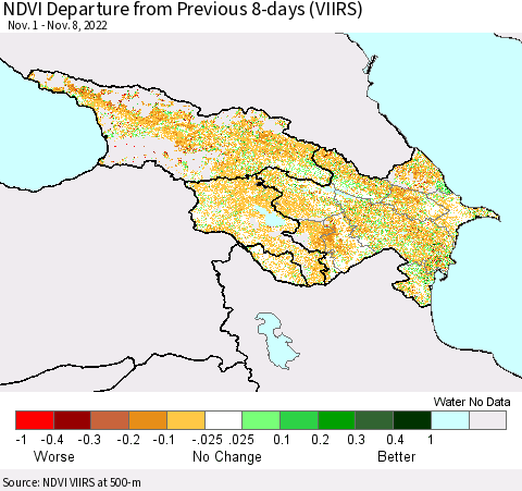 Azerbaijan, Armenia and Georgia NDVI Departure from Previous 8-days (VIIRS) Thematic Map For 11/1/2022 - 11/8/2022