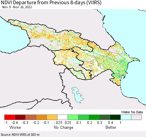 Azerbaijan, Armenia and Georgia NDVI Departure from Previous 8-days (VIIRS) Thematic Map For 11/9/2022 - 11/16/2022