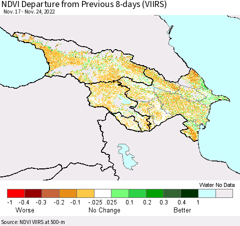 Azerbaijan, Armenia and Georgia NDVI Departure from Previous 8-days (VIIRS) Thematic Map For 11/17/2022 - 11/24/2022
