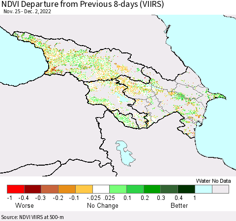 Azerbaijan, Armenia and Georgia NDVI Departure from Previous 8-days (VIIRS) Thematic Map For 11/25/2022 - 12/2/2022