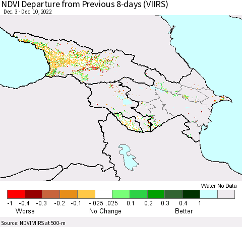 Azerbaijan, Armenia and Georgia NDVI Departure from Previous 8-days (VIIRS) Thematic Map For 12/3/2022 - 12/10/2022