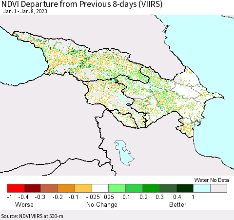 Azerbaijan, Armenia and Georgia NDVI Departure from Previous 8-days (VIIRS) Thematic Map For 1/1/2023 - 1/8/2023