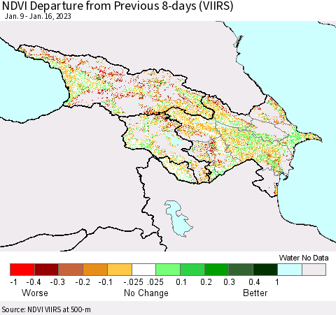 Azerbaijan, Armenia and Georgia NDVI Departure from Previous 8-days (VIIRS) Thematic Map For 1/9/2023 - 1/16/2023