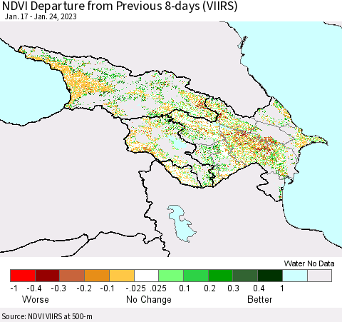 Azerbaijan, Armenia and Georgia NDVI Departure from Previous 8-days (VIIRS) Thematic Map For 1/17/2023 - 1/24/2023