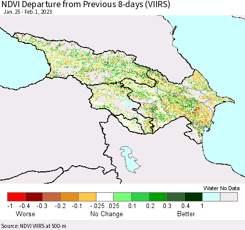 Azerbaijan, Armenia and Georgia NDVI Departure from Previous 8-days (VIIRS) Thematic Map For 1/25/2023 - 2/1/2023