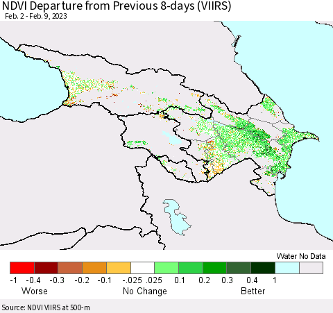Azerbaijan, Armenia and Georgia NDVI Departure from Previous 8-days (VIIRS) Thematic Map For 2/2/2023 - 2/9/2023