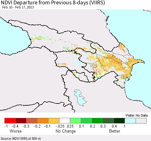 Azerbaijan, Armenia and Georgia NDVI Departure from Previous 8-days (VIIRS) Thematic Map For 2/10/2023 - 2/17/2023