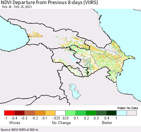 Azerbaijan, Armenia and Georgia NDVI Departure from Previous 8-days (VIIRS) Thematic Map For 2/18/2023 - 2/25/2023