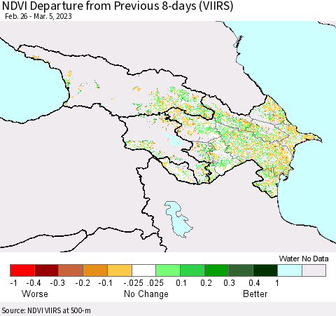 Azerbaijan, Armenia and Georgia NDVI Departure from Previous 8-days (VIIRS) Thematic Map For 2/26/2023 - 3/5/2023