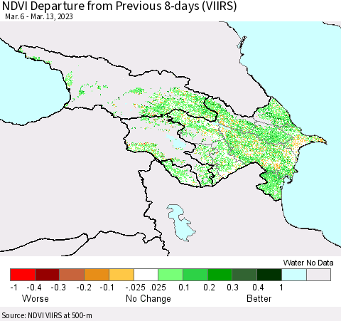 Azerbaijan, Armenia and Georgia NDVI Departure from Previous 8-days (VIIRS) Thematic Map For 3/6/2023 - 3/13/2023