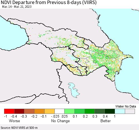 Azerbaijan, Armenia and Georgia NDVI Departure from Previous 8-days (VIIRS) Thematic Map For 3/14/2023 - 3/21/2023