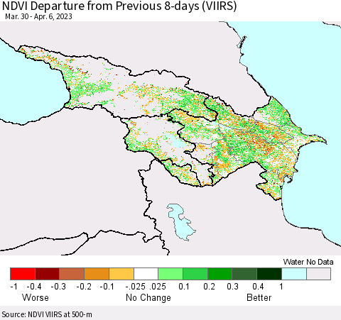 Azerbaijan, Armenia and Georgia NDVI Departure from Previous 8-days (VIIRS) Thematic Map For 3/30/2023 - 4/6/2023