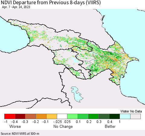 Azerbaijan, Armenia and Georgia NDVI Departure from Previous 8-days (VIIRS) Thematic Map For 4/7/2023 - 4/14/2023