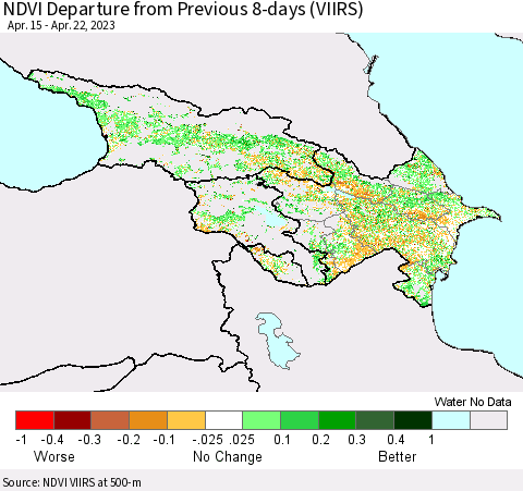 Azerbaijan, Armenia and Georgia NDVI Departure from Previous 8-days (VIIRS) Thematic Map For 4/15/2023 - 4/22/2023