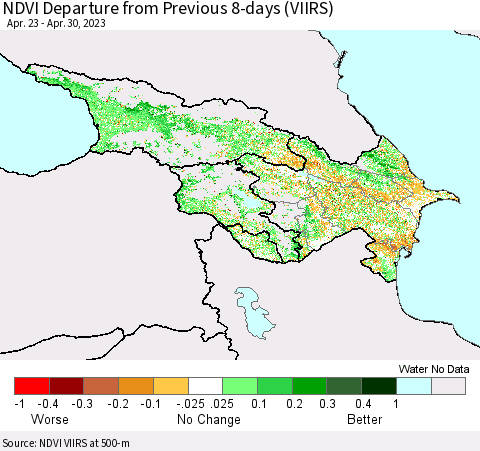 Azerbaijan, Armenia and Georgia NDVI Departure from Previous 8-days (VIIRS) Thematic Map For 4/23/2023 - 4/30/2023